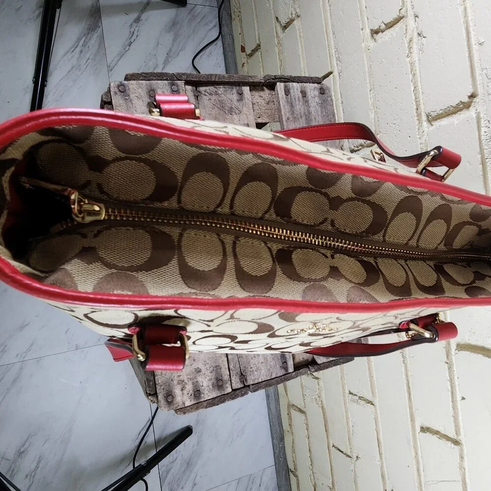 Like New Coach Signature Khaki & Red Leather Trim Shoulder Bag Tote Purse